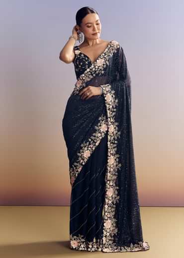 Midnight Blue Half And Half Saree With Floral Sequin Embroidery