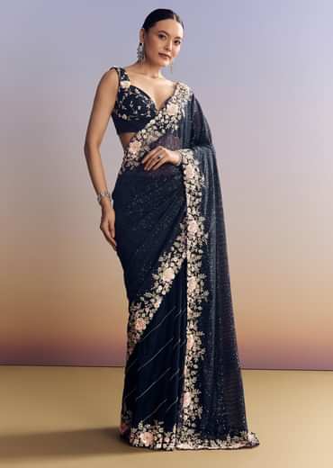 Midnight Blue Half And Half Saree With Floral Sequin Embroidery