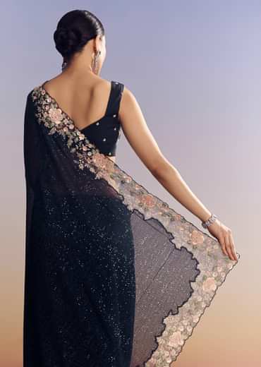 Midnight Blue Half And Half Saree With Floral Sequin Embroidery