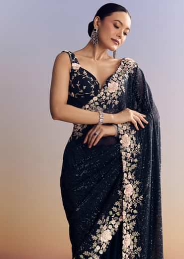 Midnight Blue Half And Half Saree With Floral Sequin Embroidery