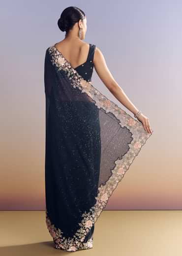 Midnight Blue Half And Half Saree With Floral Sequin Embroidery
