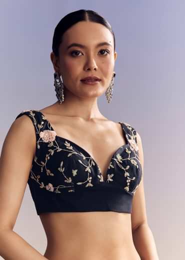 Midnight Blue Half And Half Saree With Floral Sequin Embroidery