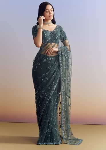 Midnight Blue Net Saree With Floral Jaal And Statement Embroidery