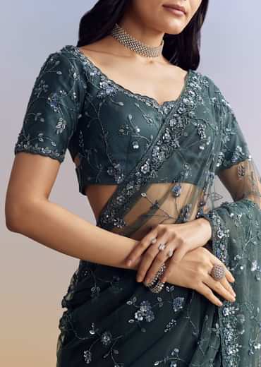 Midnight Blue Net Saree With Floral Jaal And Statement Embroidery