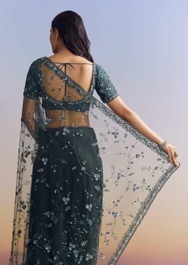 Midnight Blue Net Saree With Floral Jaal And Statement Embroidery