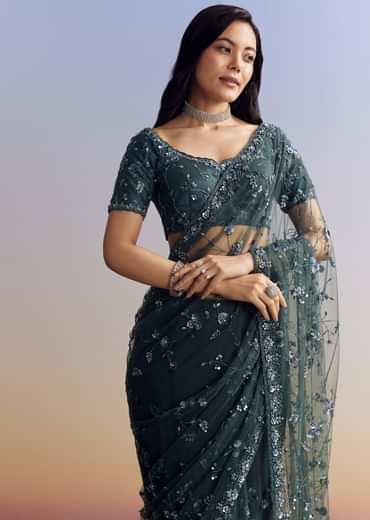 Midnight Blue Net Saree With Floral Jaal And Statement Embroidery