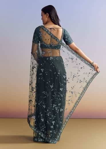 Midnight Blue Net Saree With Floral Jaal And Statement Embroidery