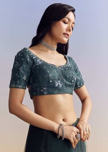 Midnight Blue Net Saree With Floral Jaal And Statement Embroidery