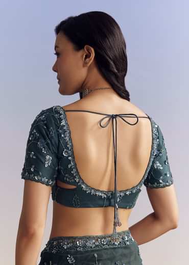 Midnight Blue Net Saree With Floral Jaal And Statement Embroidery