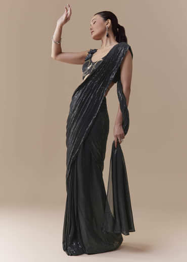 Midnight Blue Pre Pleated Saree with Sequins Blouse