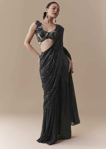 Midnight Blue Pre Pleated Saree with Sequins Blouse