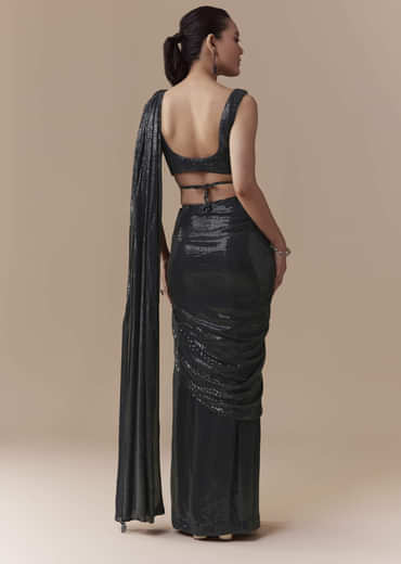 Midnight Blue Pre Pleated Saree with Sequins Blouse