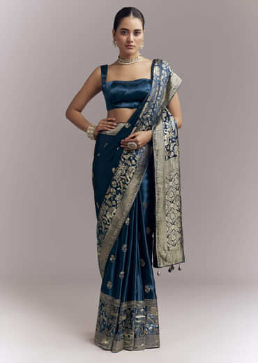 Midnight Blue Satin Woven Saree With Delicate Hand Embroidery