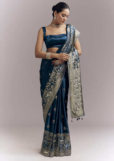Midnight Blue Satin Woven Saree With Delicate Hand Embroidery