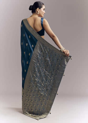 Midnight Blue Satin Woven Saree With Delicate Hand Embroidery