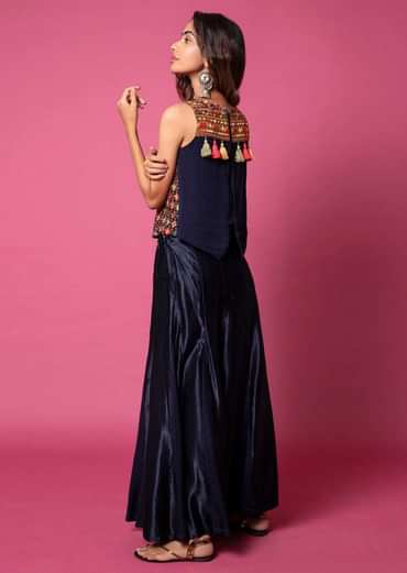 Midnight Blue Top And Paneled Sharara Pants With Thread Embroidery And Tassel Detailing