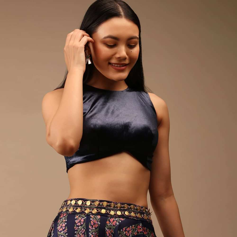 Midnight Blue Blouse In Satin With Curved Hem, Round Neckline And Back Zip Detail