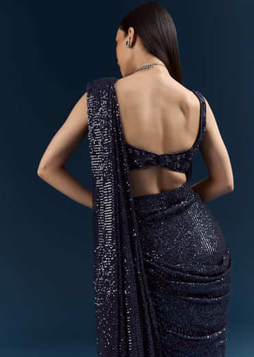 Midnight Blue Imported Sequins And Net Ready Pleated Saree With Embroidery