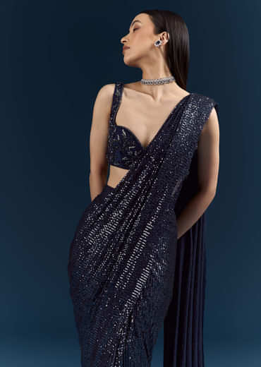 Midnight Blue Imported Sequins And Net Ready Pleated Saree With Embroidery
