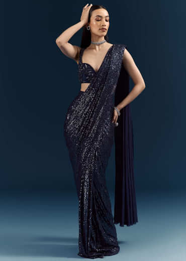 Midnight Blue Imported Sequins And Net Ready Pleated Saree With Embroidery