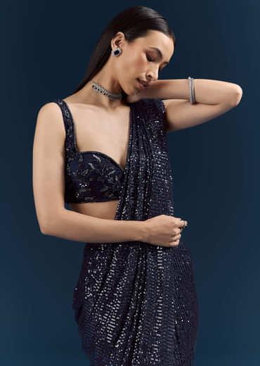 Midnight Blue Imported Sequins And Net Ready Pleated Saree With Embroidery