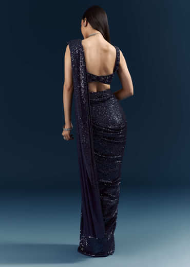 Midnight Blue Imported Sequins And Net Ready Pleated Saree With Embroidery