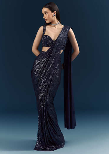 Midnight Blue Imported Sequins And Net Ready Pleated Saree With Embroidery