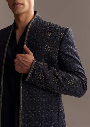 Midnight Blue Jodhpuri Suit For Men With Heavy Hand Embroidery