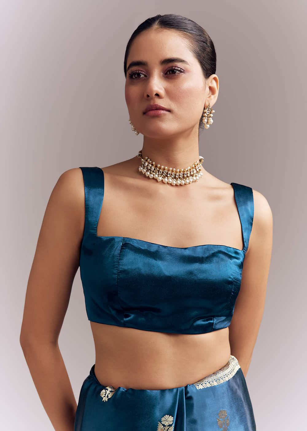 Midnight Blue Satin Woven Saree With Delicate Hand Embroidery