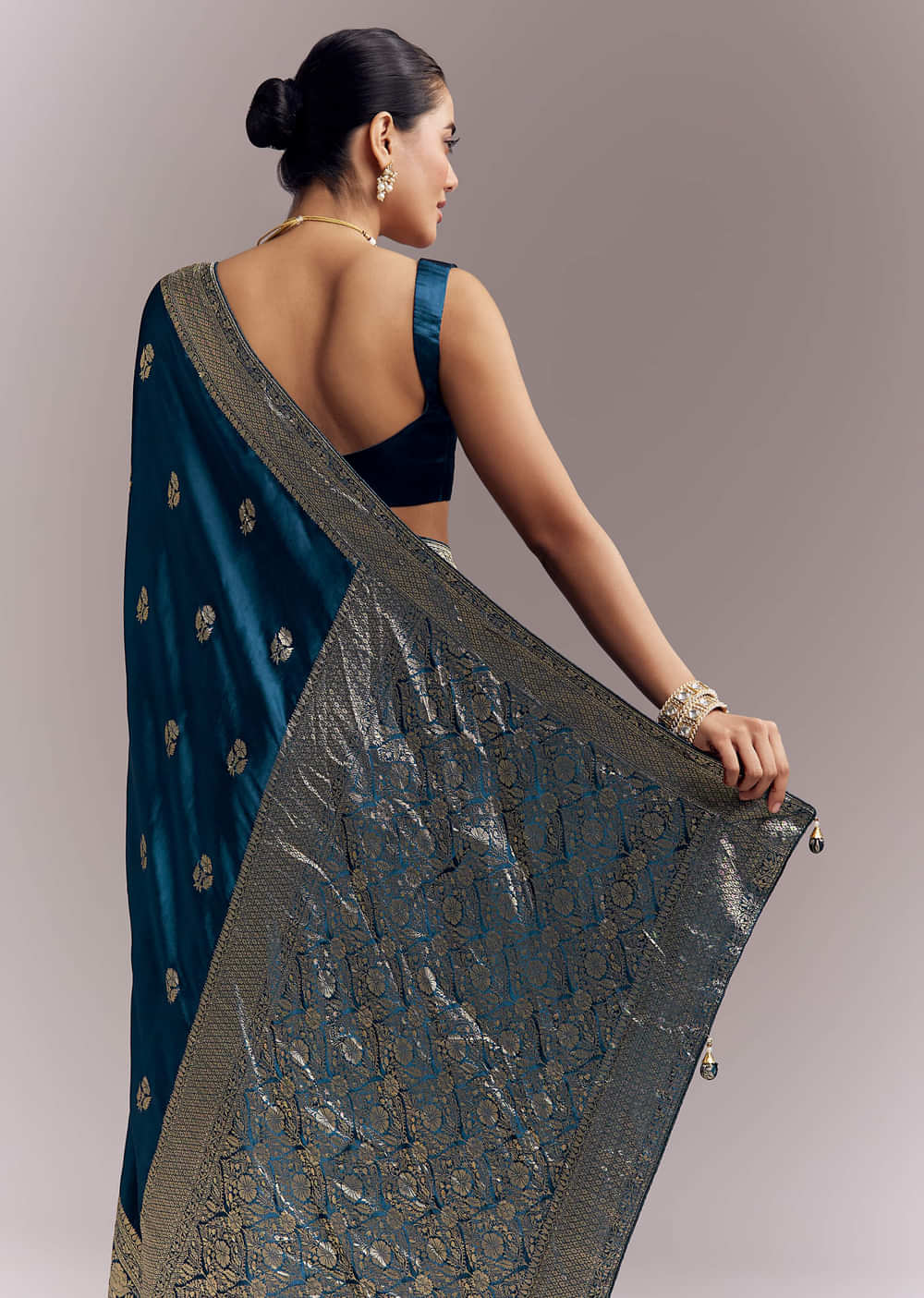 Midnight Blue Satin Woven Saree With Delicate Hand Embroidery