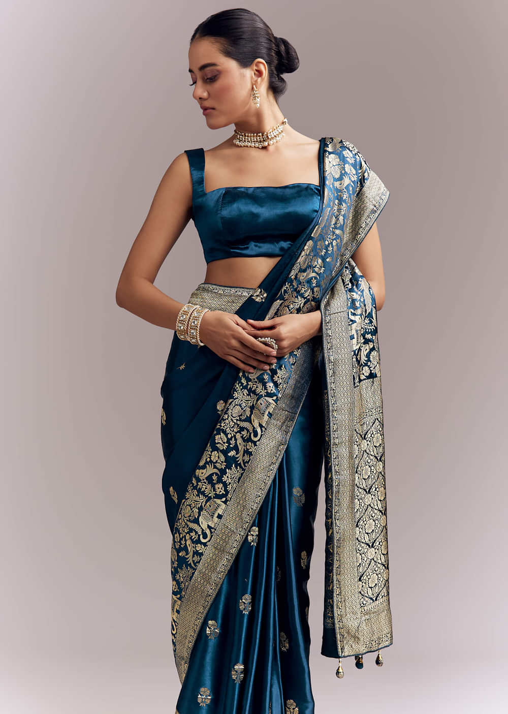 Midnight Blue Satin Woven Saree With Delicate Hand Embroidery