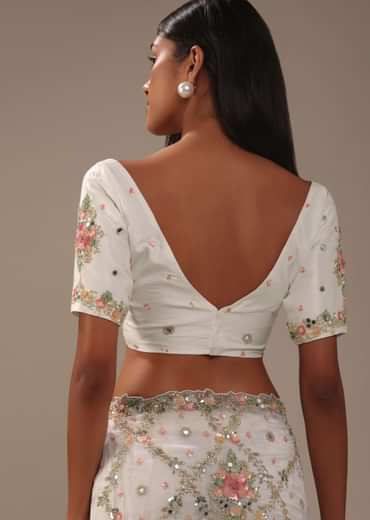 Milky White 3D Embroidered Tissue Silk Saree