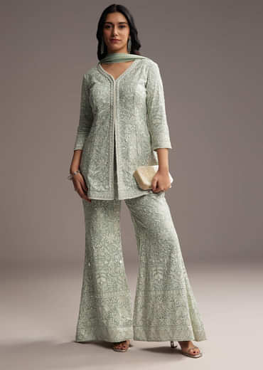 Mint Blue Georgette Palazzo Suit With Sequins And Resham Work