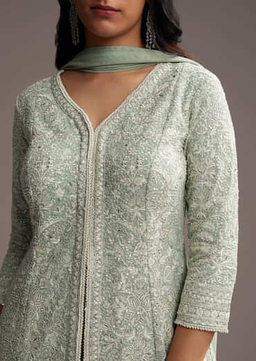 Mint Blue Georgette Palazzo Suit With Sequins And Resham Work