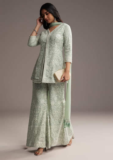 Mint Blue Georgette Palazzo Suit With Sequins And Resham Work