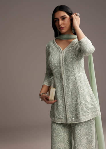 Mint Blue Georgette Palazzo Suit With Sequins And Resham Work