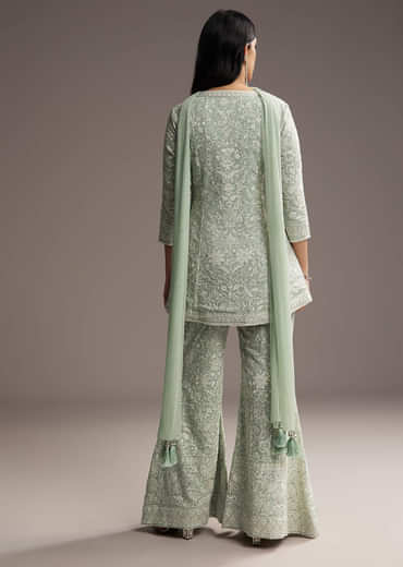 Mint Blue Georgette Palazzo Suit With Sequins And Resham Work