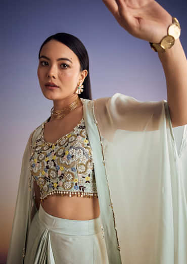 Mint Blue Organza Cape Set With Sequins And Thread Work