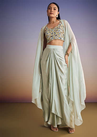 Mint Blue Organza Cape Set With Sequins And Thread Work