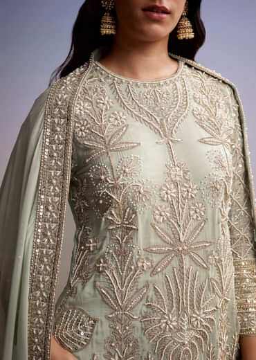 Mint Blue Organza Palazzo Suit With Zari And Moti Embroidery