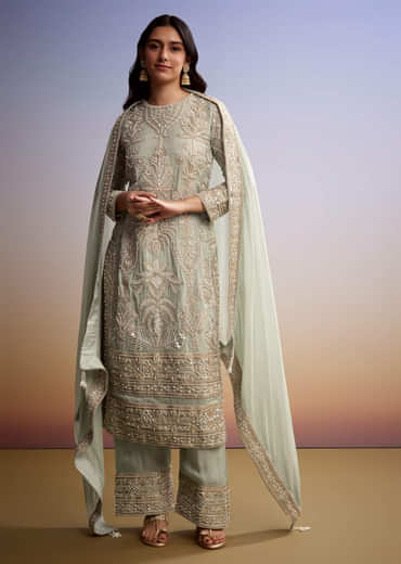 Mint Blue Organza Palazzo Suit With Zari And Moti Embroidery