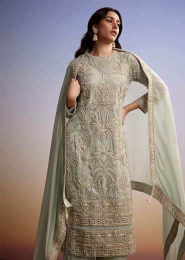 Mint Blue Organza Palazzo Suit With Zari And Moti Embroidery