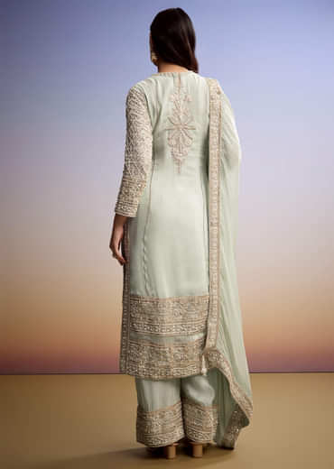 Mint Blue Organza Palazzo Suit With Zari And Moti Embroidery