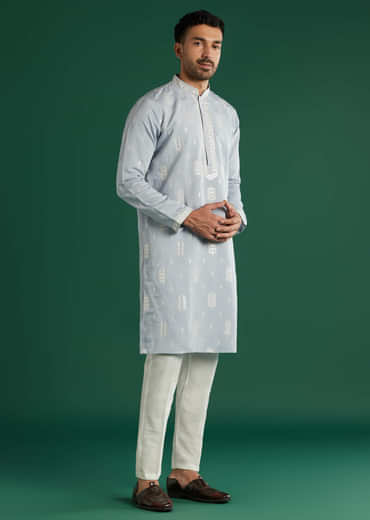 Mint Blue Silk Kurta Set For Men With Resham And Mirror Embroidery