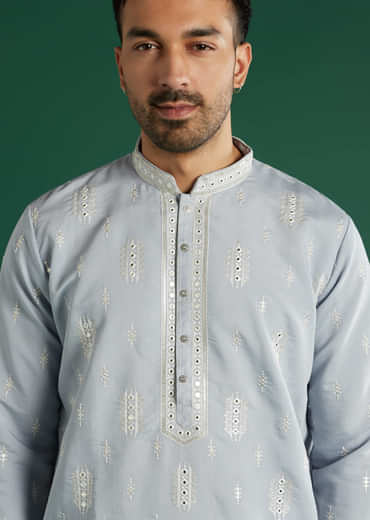 Mint Blue Silk Kurta Set For Men With Resham And Mirror Embroidery