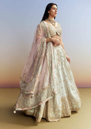 Mint Blue Tissue Embroidered Bridesmaid Lehenga