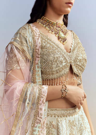 Mint Blue Tissue Embroidered Bridesmaid Lehenga