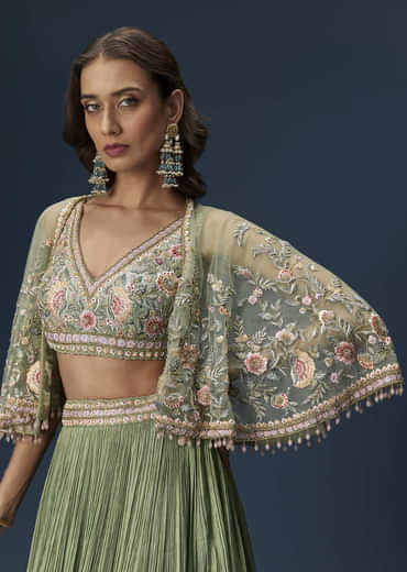 Mint Green Bridesmaid Lehenga With Embroidered Cape