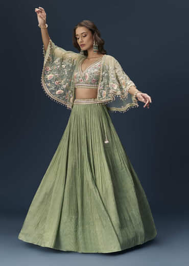Mint Green Bridesmaid Lehenga With Embroidered Cape