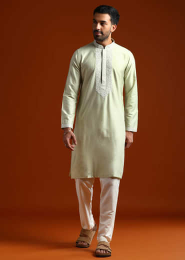 Mint Green Chanderi Kurta Set For Men With Kashmiri Embroidery